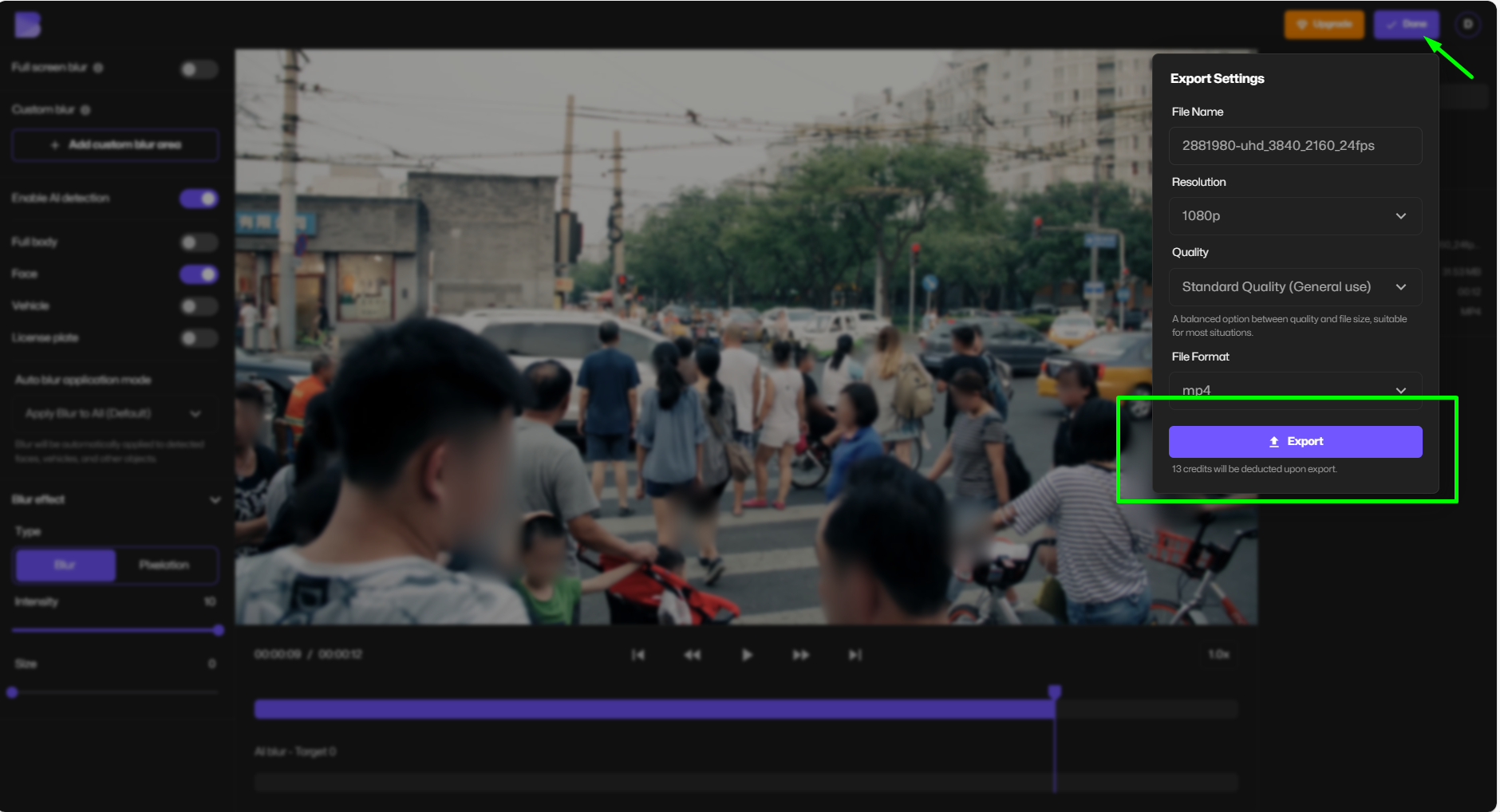 Exporting final redacted video file from BlurMe Studio after automatic face blurring.