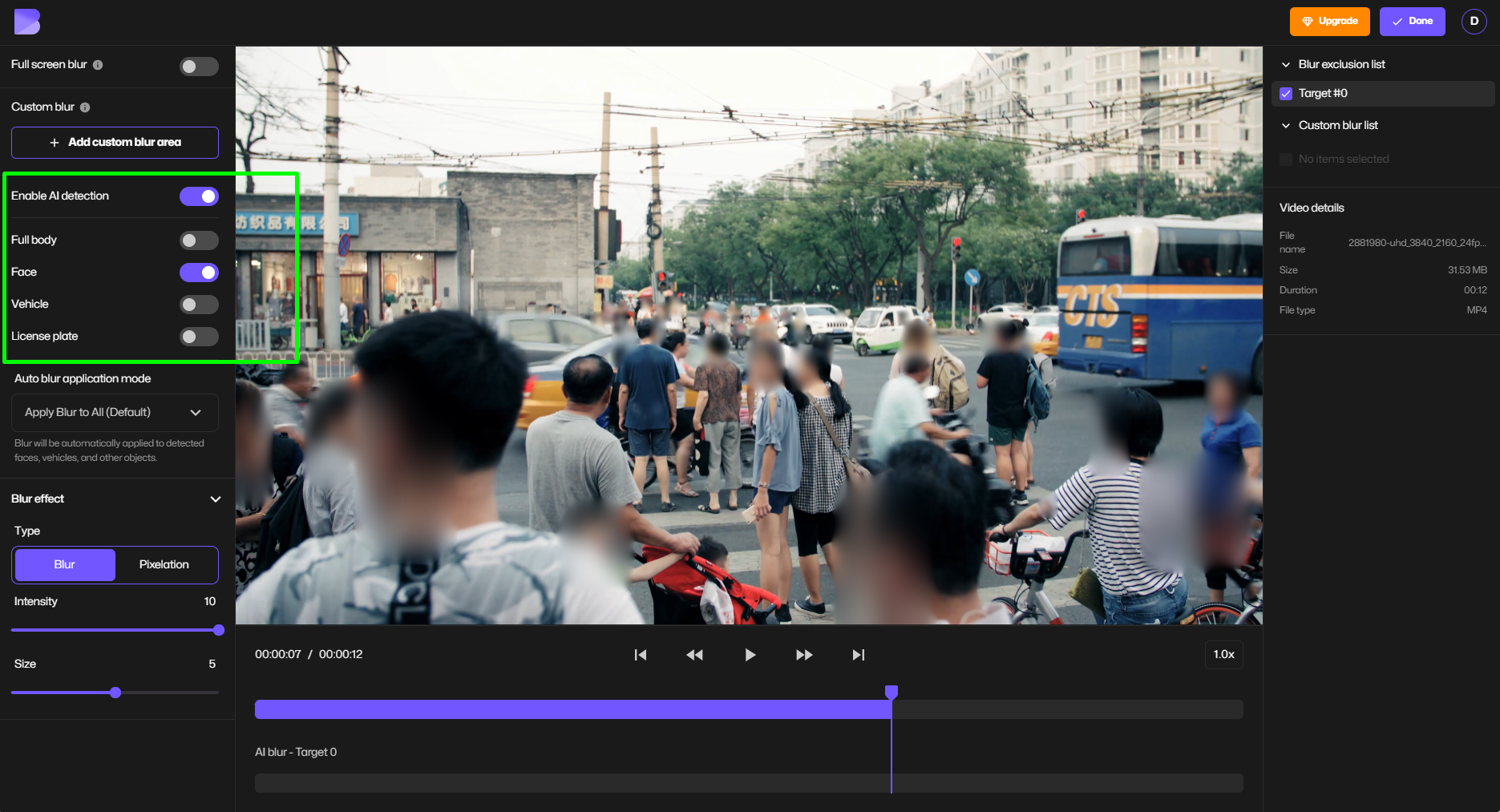 Selecting the AI Blur tool in BlurMe Studio for automatic face detection.