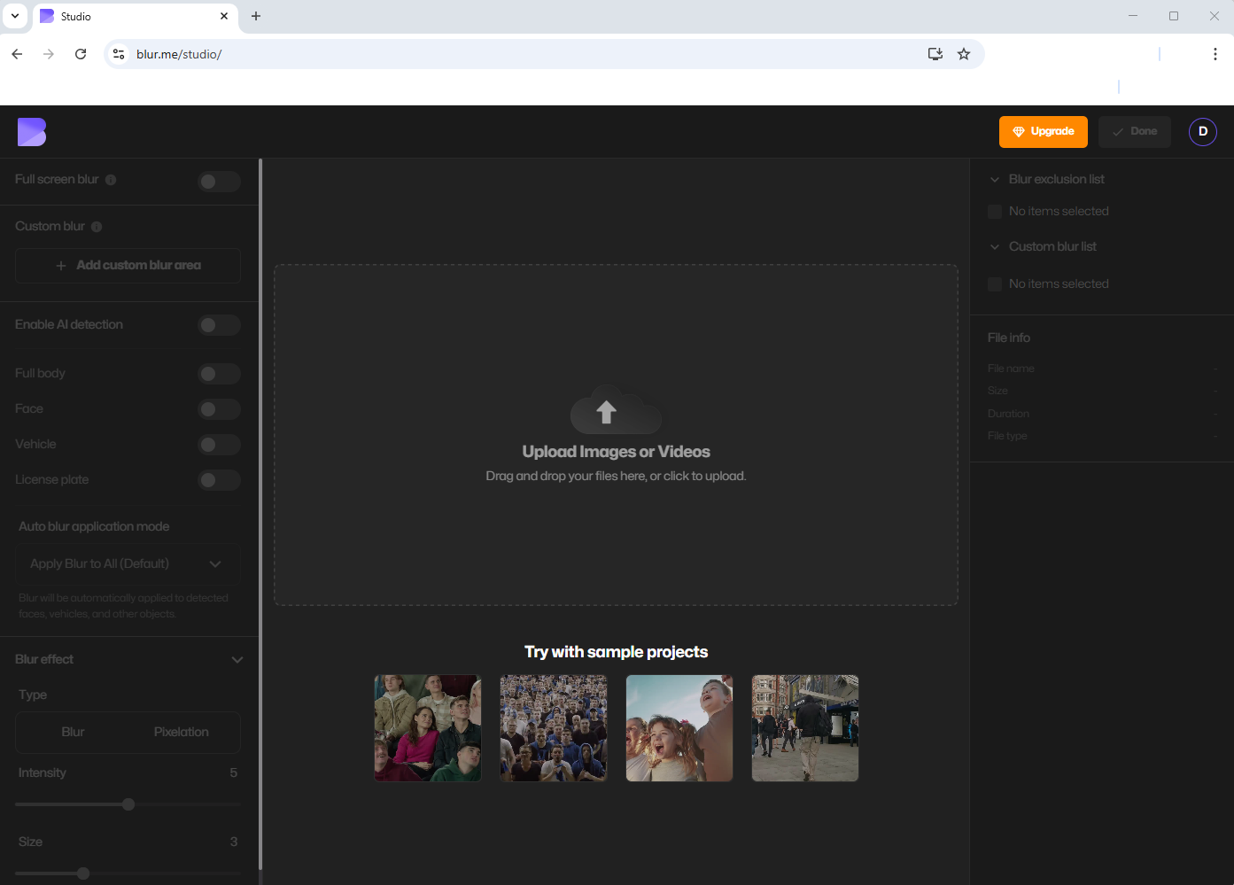 BlurMe homepage showing the Studio editor to pixelate faces in images.