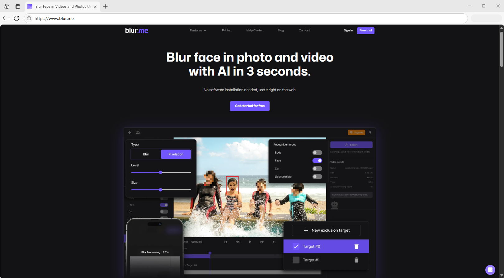 BlurMe homepage for video redaction service.