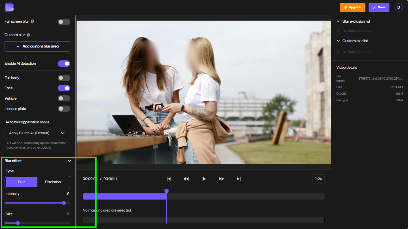 Adjusting blur effect on video using BlurMe.