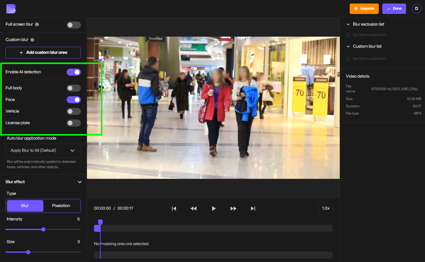 AI redaction tool automatically detecting faces in surveillance footage