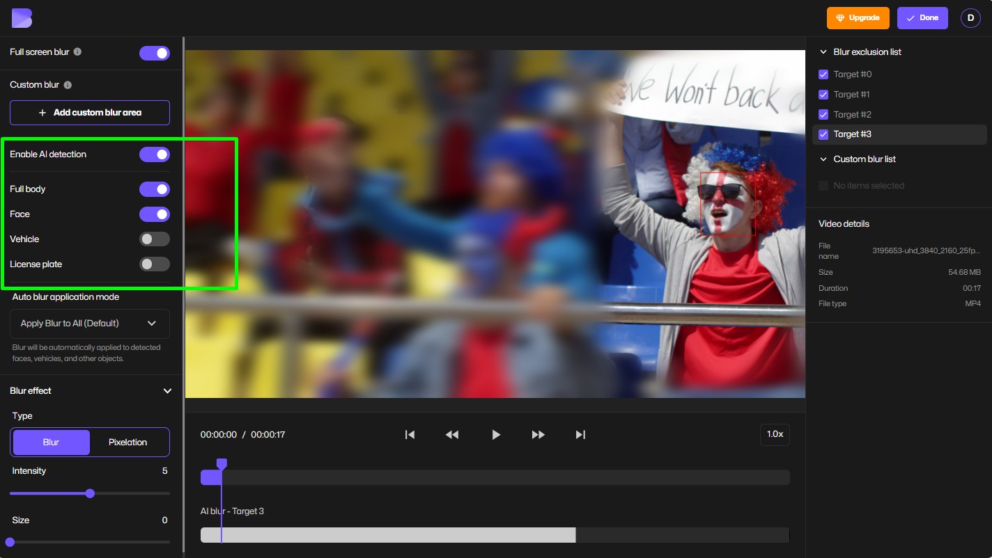 enable AI blur detection to find faces, people, and cars automatically