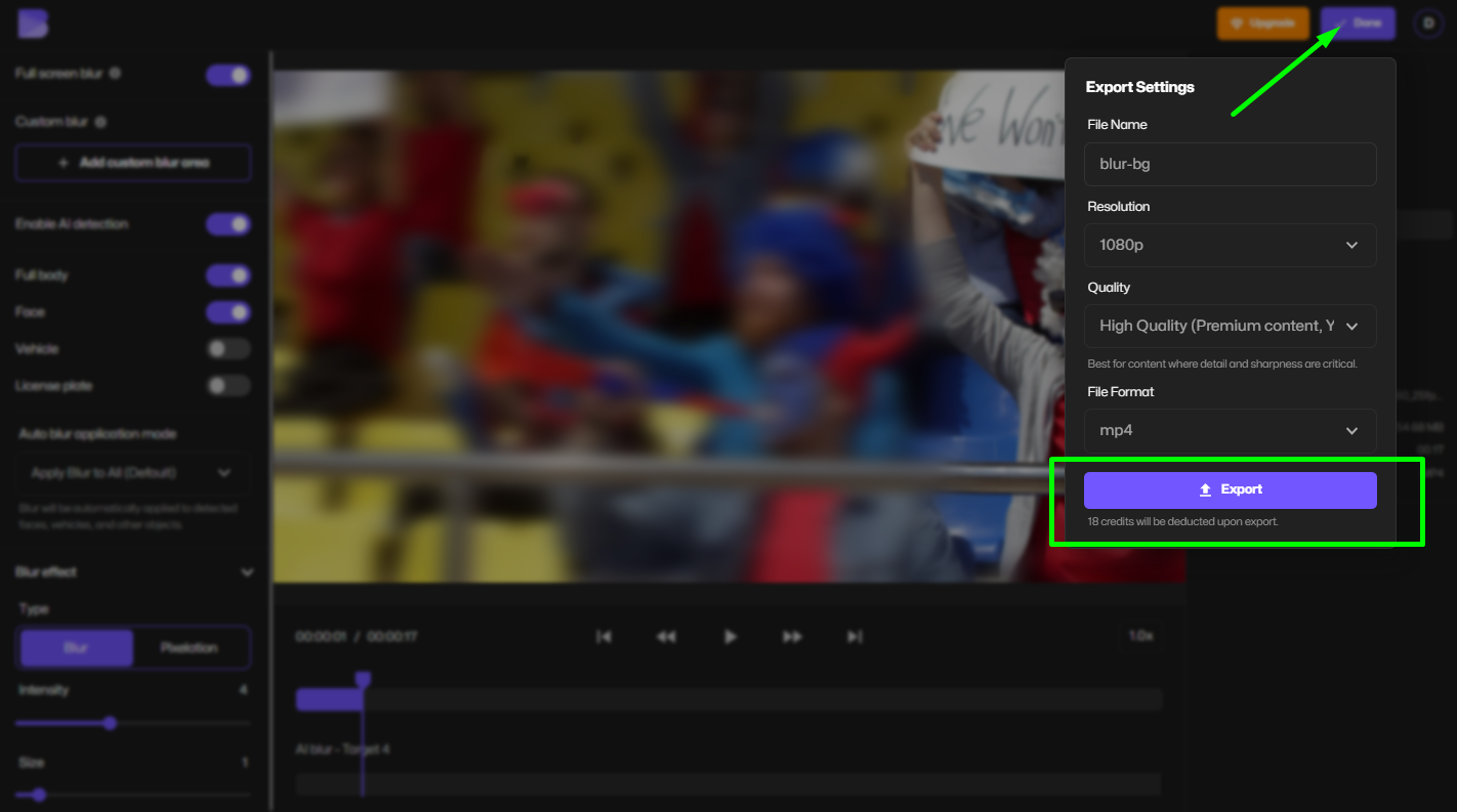 export final blurred video background result with AI blur