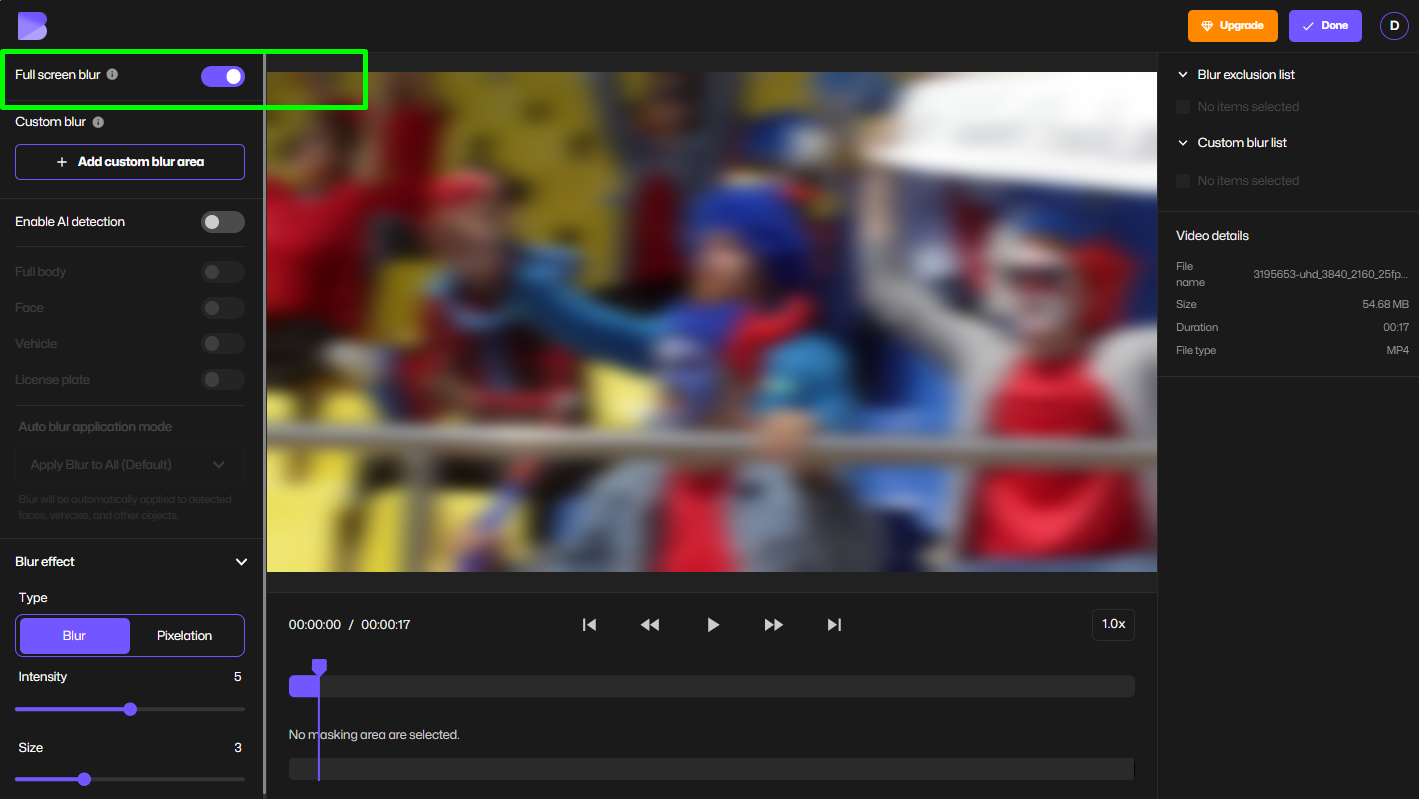 apply full-screen blur to start blurring entire video background