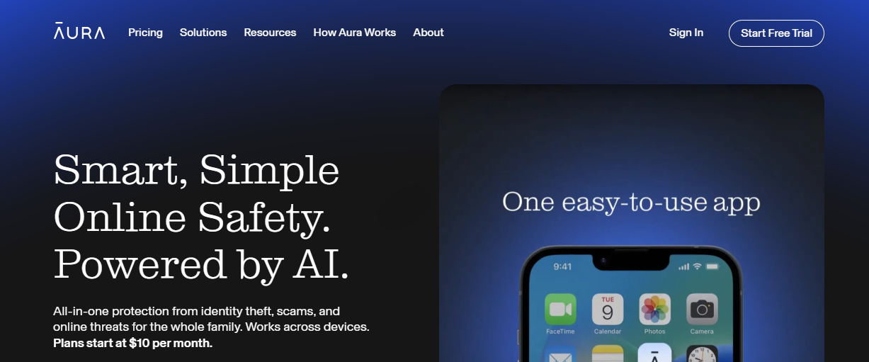 Aura identity protection service homepage.