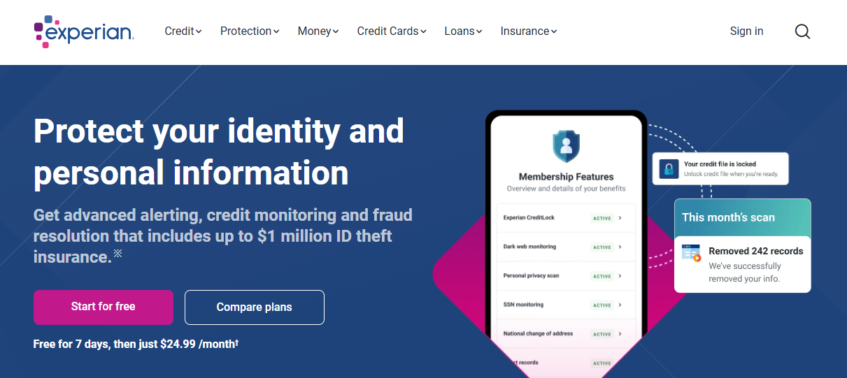 Experian identity protection service homepage.