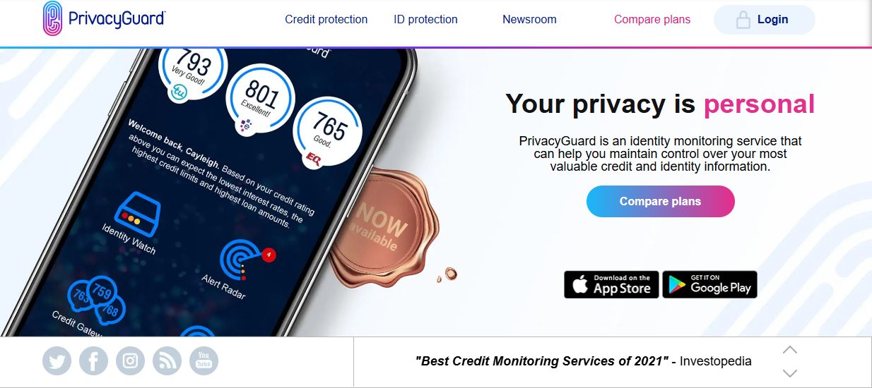 PrivacyGuard identity protection service homepage.
