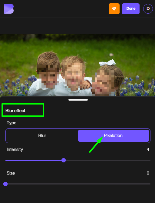 Choose pixelate tool from BlurMe editing toolbar on iPhone.