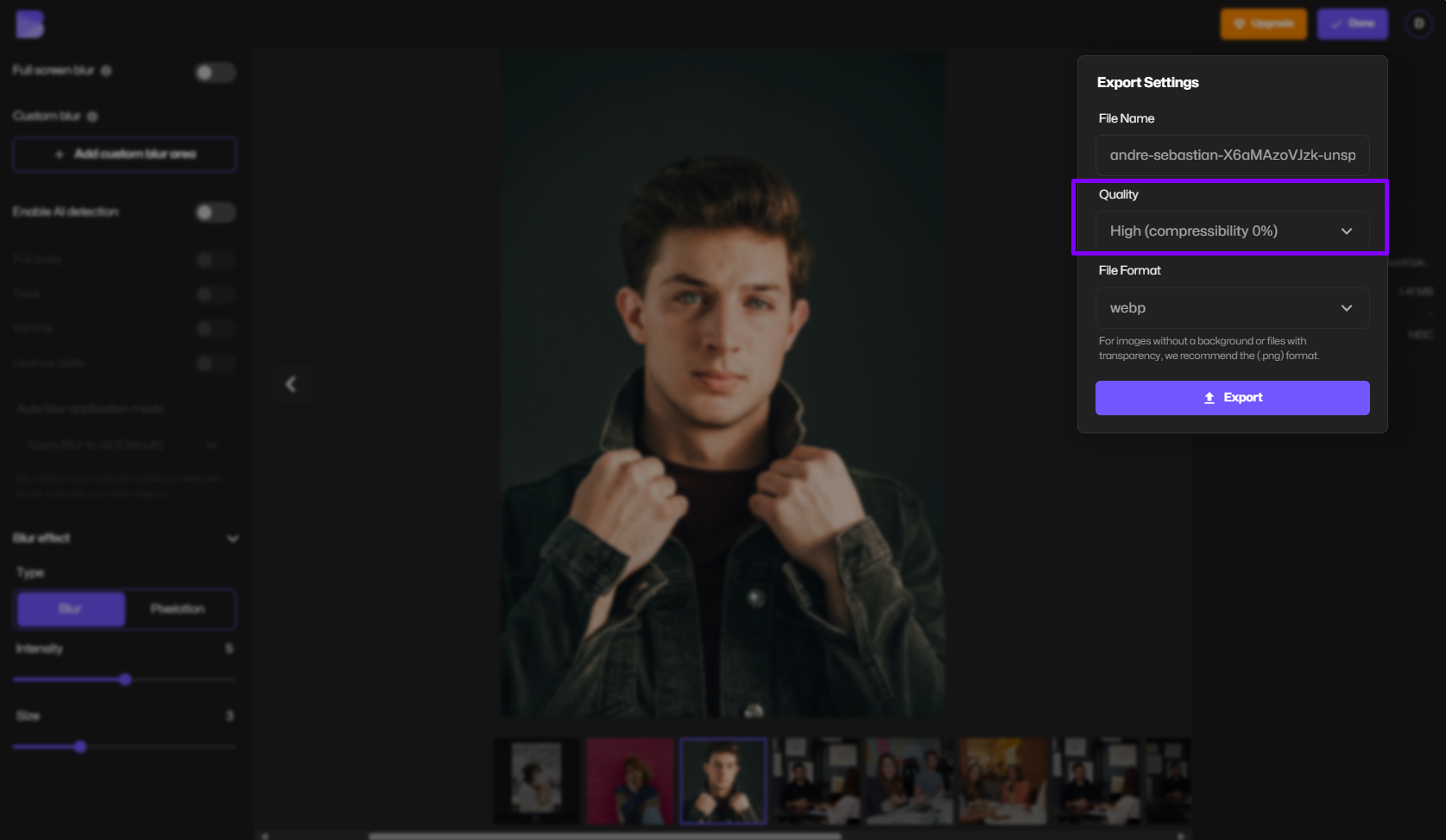 Choosing compression settings in the compressor page.