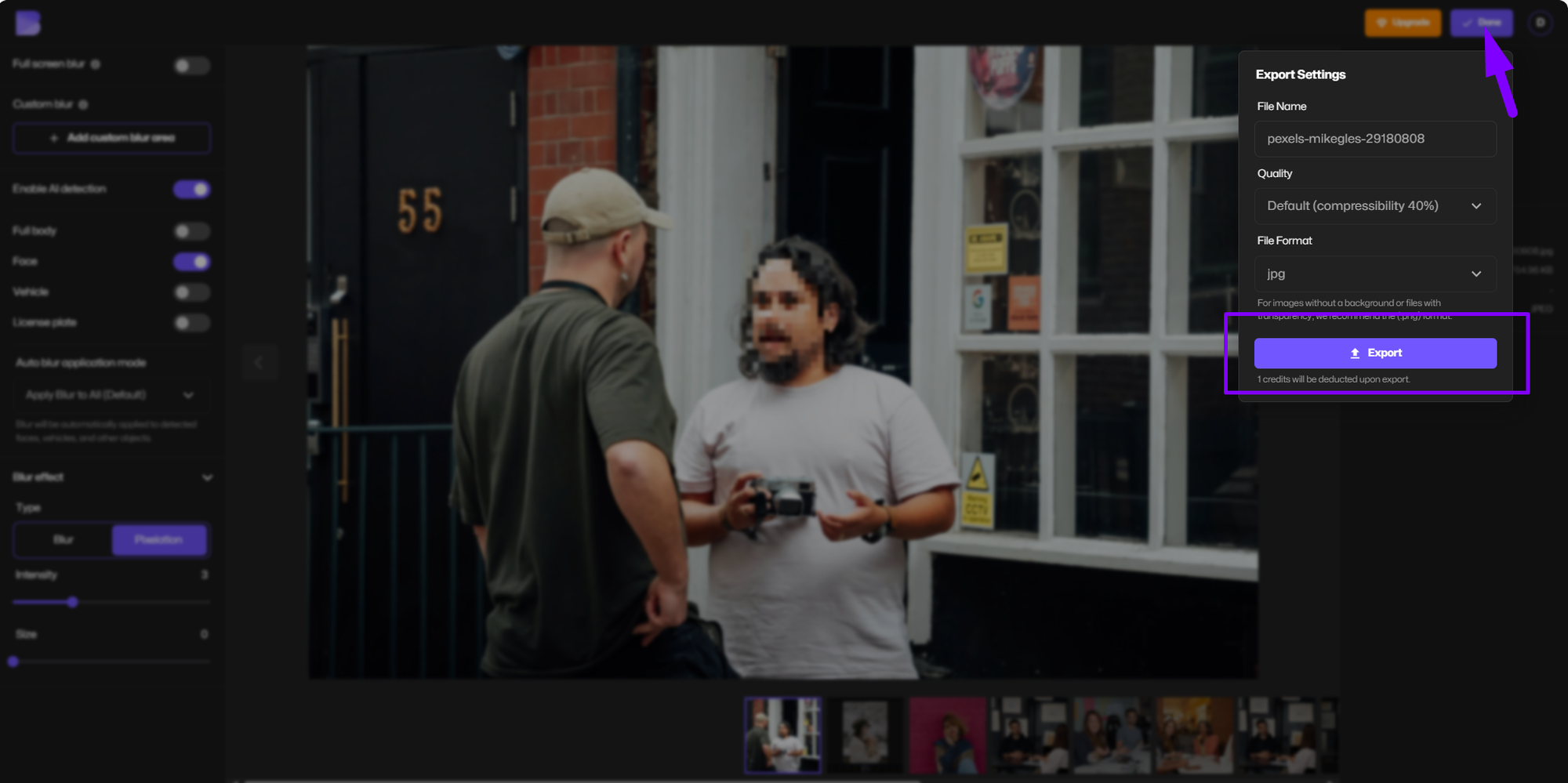 Écran d'exportation d'image pixélisée.