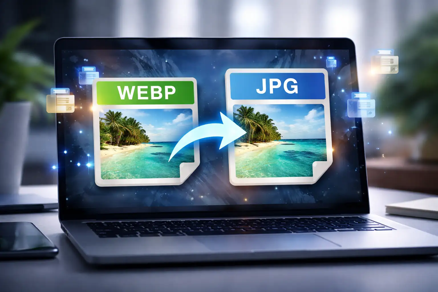 WEBP to JPG converter showing how to convert a WEBP image to JPG online with BlurMe.