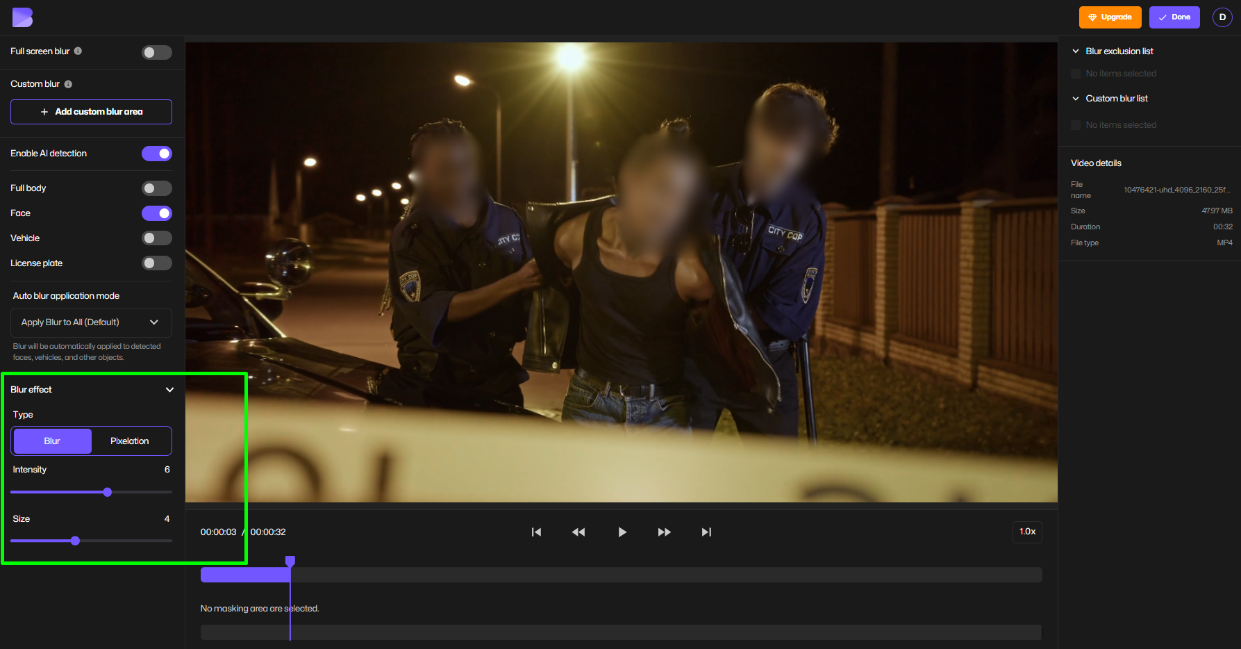 Ajustando el difuminado con la herramienta de redacción de video BlurMe.