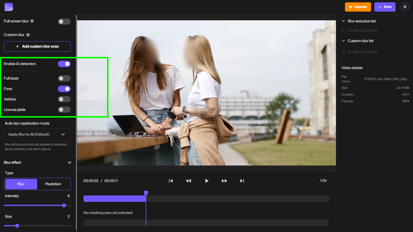Pantalla habilitada para difuminar foto con AI.