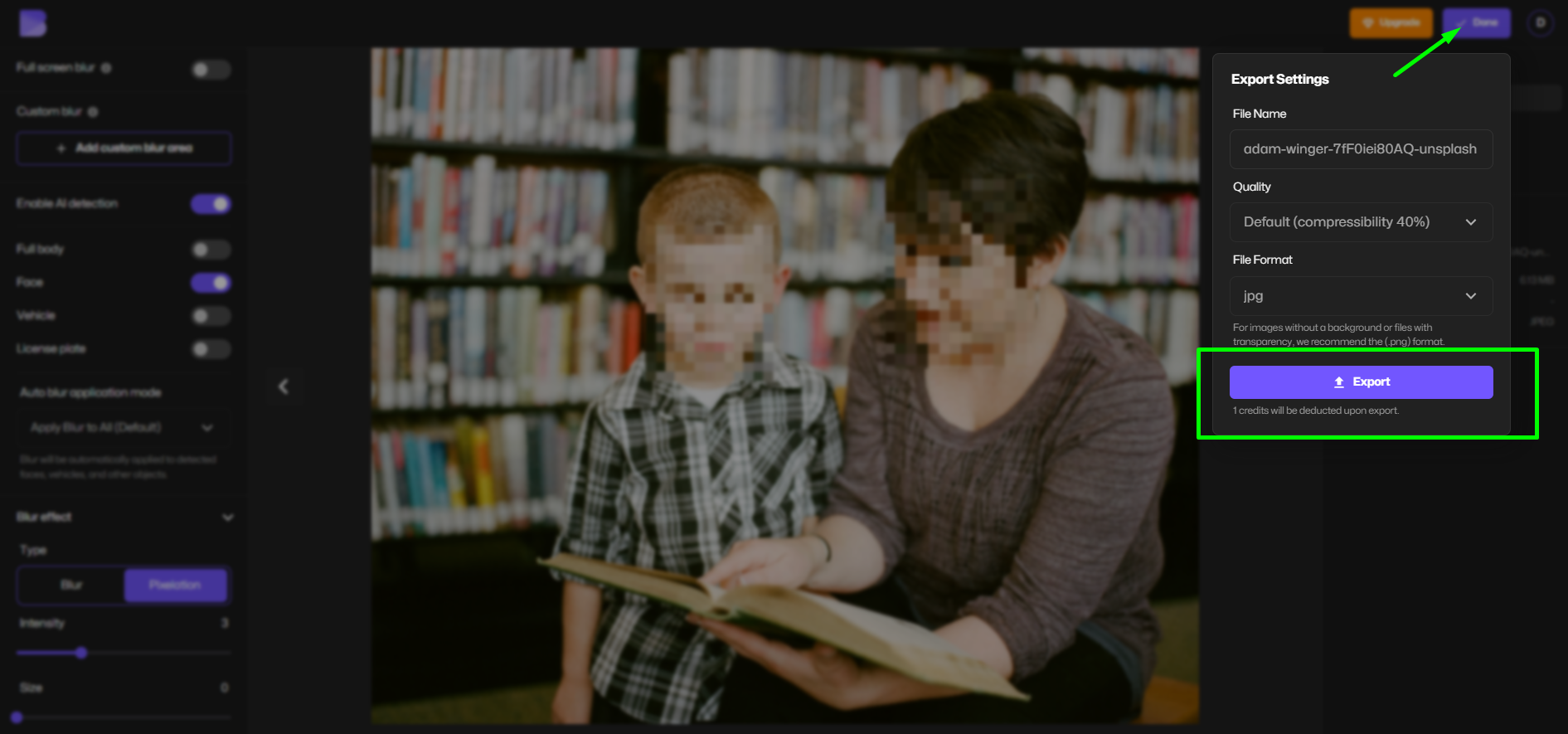 Blur face in photo export screen.