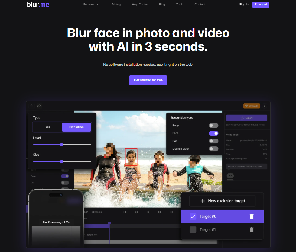 Homepage of BlurMe AI video redaction and anonymization tool for GDPR compliancy