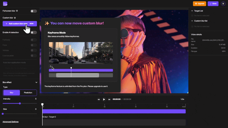 Custom Blur tool selected to blur a moving object in video.