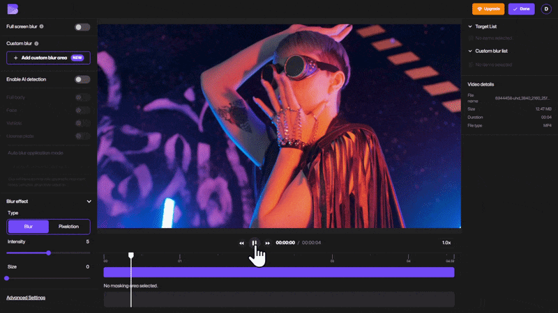 BlurMe showing a video uploaded to blur a moving object in video using the Custom Blur tool.
