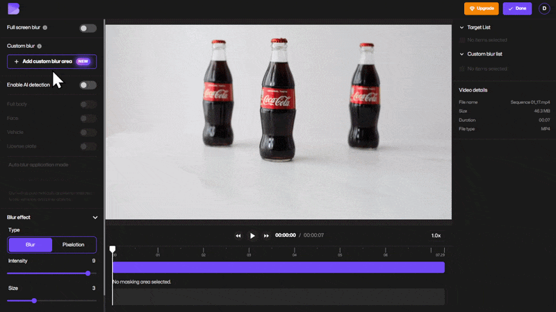 Selecting custom blur tool to blur a logo in a video.